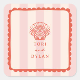 Seashell Pink Striped Tropical Beach Hochzeit Quadratischer Aufkleber