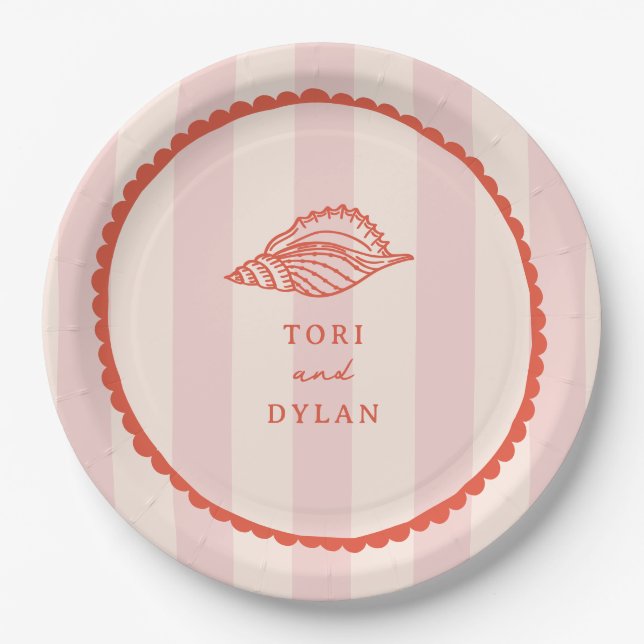 Seashell Pink Tropical Stripe Wedding Pappteller (Vorderseite)