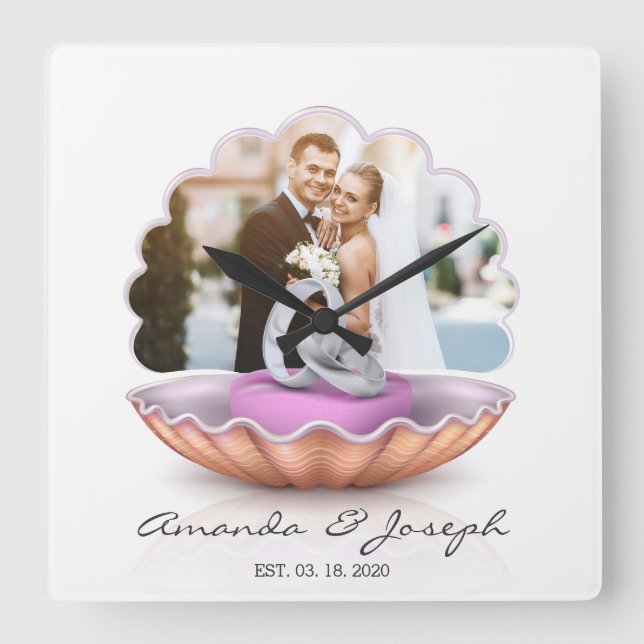 Seashell Rings Foto Hochzeitsgeschenk Wall Clock Quadratische Wanduhr (Vorderseite)