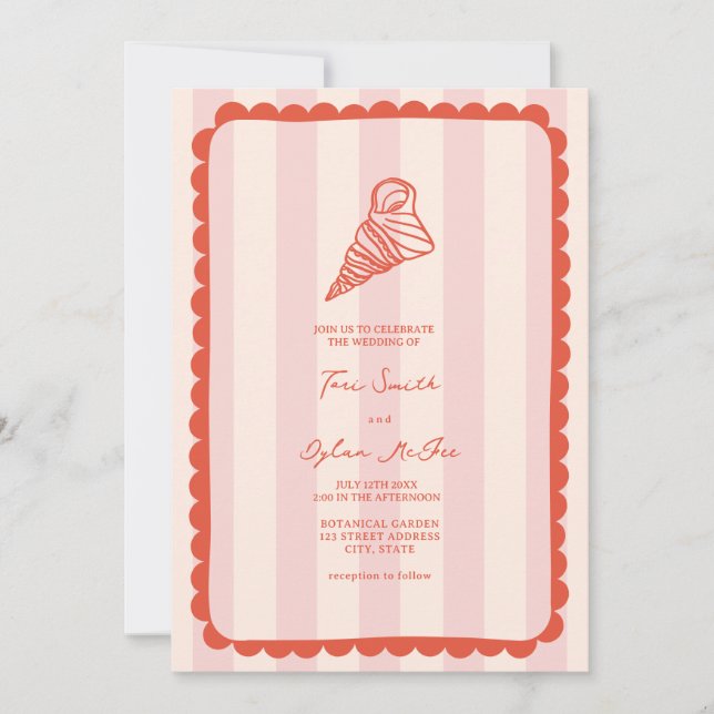 Seashell Scalloped Pink Stripe Tropische Hochzeit Einladung (Vorderseite)