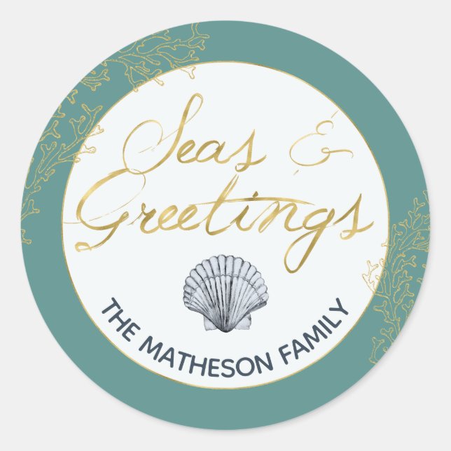 Seashell Seas & Greetings Coastal Holiday Envelope Runder Aufkleber (Vorderseite)