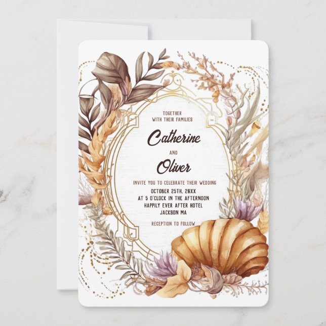 Seashell Seaweed Gold Frame Lila Beach Wedding Einladung (Vorderseite)