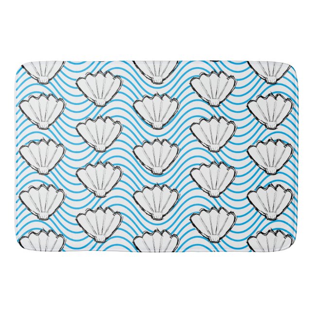 Seashell Sketch weiß und blau Wellenmuster Badematte (Vorderseite)