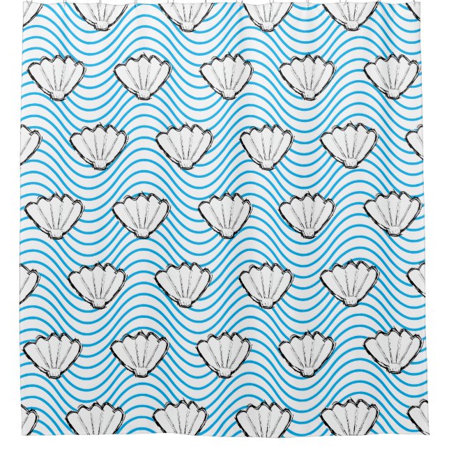 Seashell Sketch weiß und blau Wellenmuster Duschvorhang (Vorderseite)