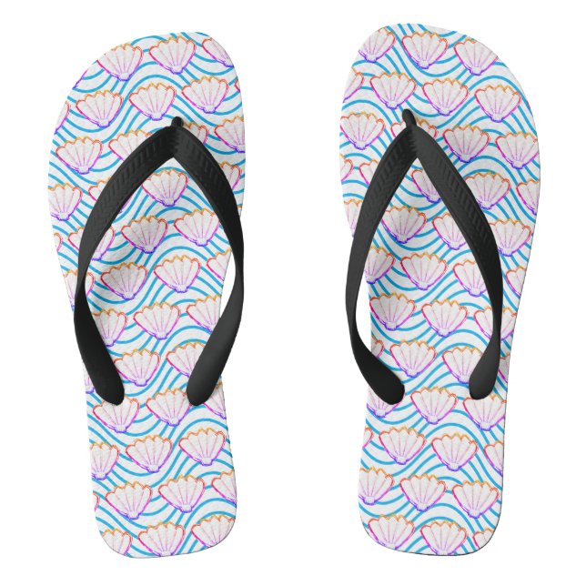 Seashell Sketch weiß und blau Wellenmuster Flip Flops (Fußbett)