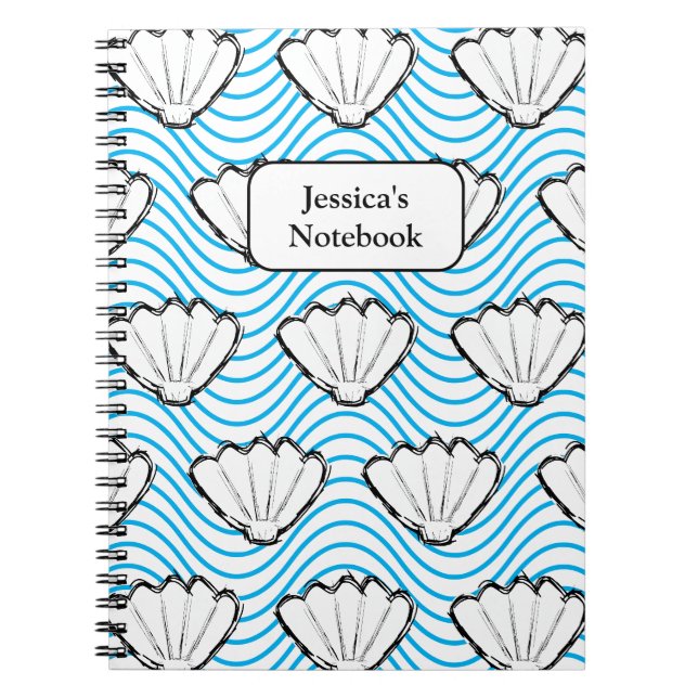 Seashell Sketch weiß und blau Wellenmuster Notizblock (Vorderseite)