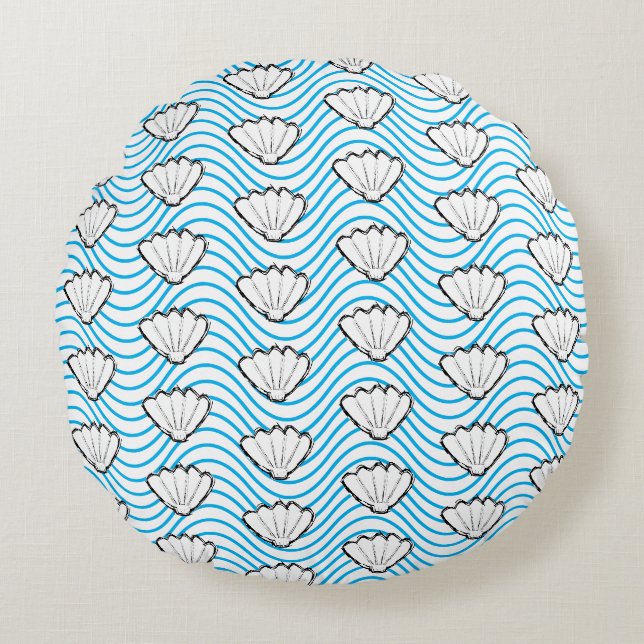 Seashell Sketch weiß und blau Wellenmuster Rundes Kissen (Vorderseite)