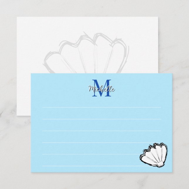 Seashell Sketch White And Blue Lined Monogram Mitteilungskarte (Vorne/Hinten)