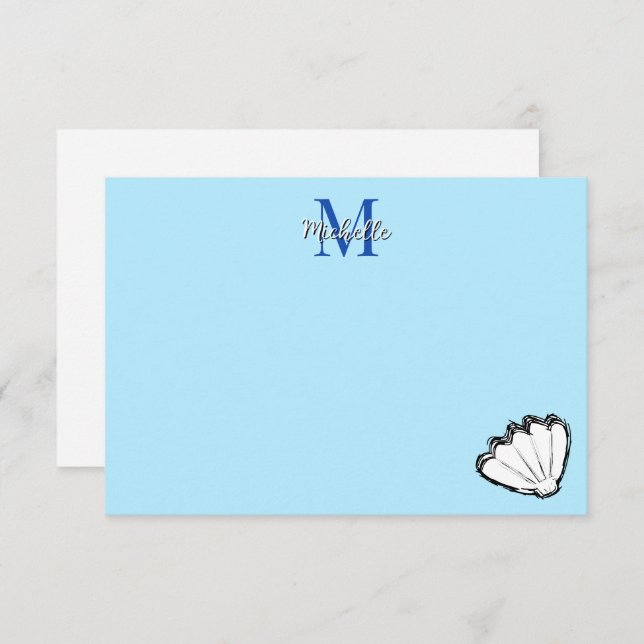 Seashell Sketch White And Blue Monogram Mitteilungskarte (Vorne/Hinten)