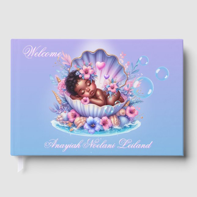 Seashell Sleeping Black Baby Girl Baby Dusche Gästebuch (Vorderseite)