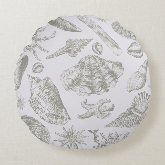 Seashell Soft Antique Art Beach Muscheln Rundes Kissen (Vorderseite)