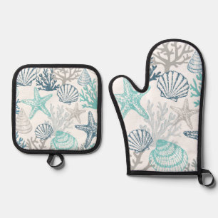 Seashell Starfish Muster blau und Aquamarin Ofenhandschuh & Topflappen-Set