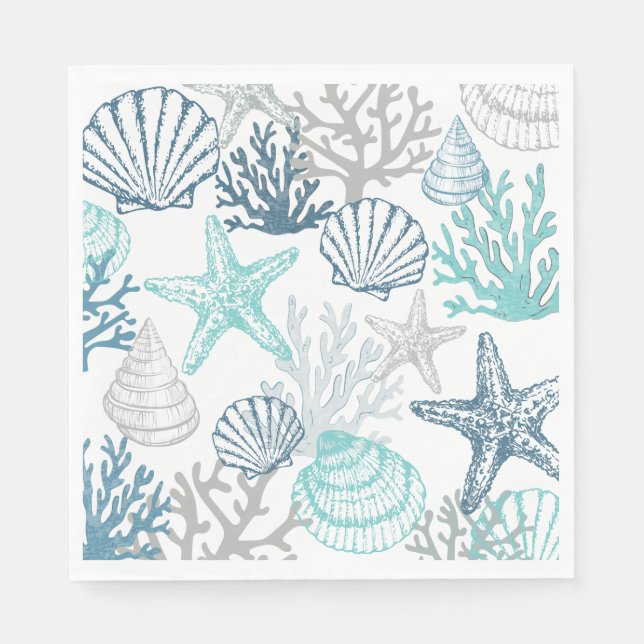 Seashell Starfish Muster blau und Aquamarin Serviette (Vorderseite)