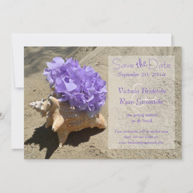 Seashell und Hydrangea Save the Date Lila (Vorderseite)