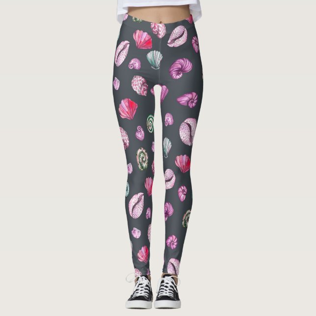 Seashell Watercolor: Dunkles blaues Muster Leggings (Vorderseite)