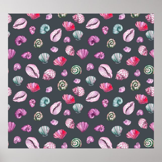 Seashell Watercolor: Dunkles blaues Muster Poster (Vorne)