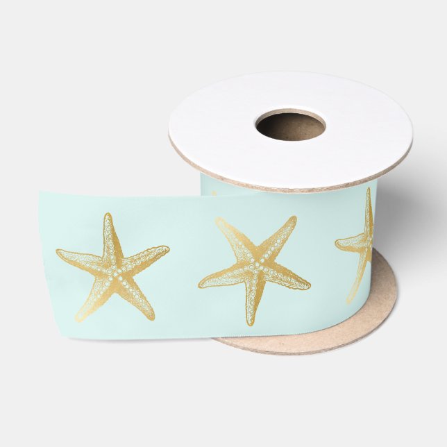 Seashell Wedding Aqua Blue Gold Starfish Satinband (Spule)