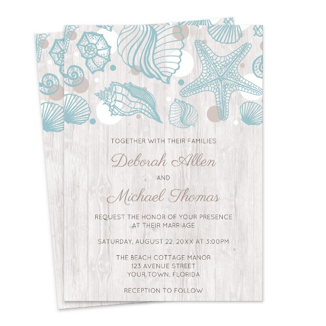 Seashell Whitewash Wood Beach Hochzeit Einladung (Seashell Whitewashed Wood Beach Wedding Invitations from Artistically Invited on Zazzle.)