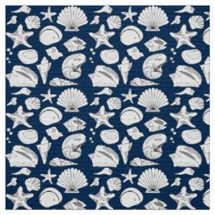 Seashell Zeichne die weiße Marine Blue Nautical Stoff
