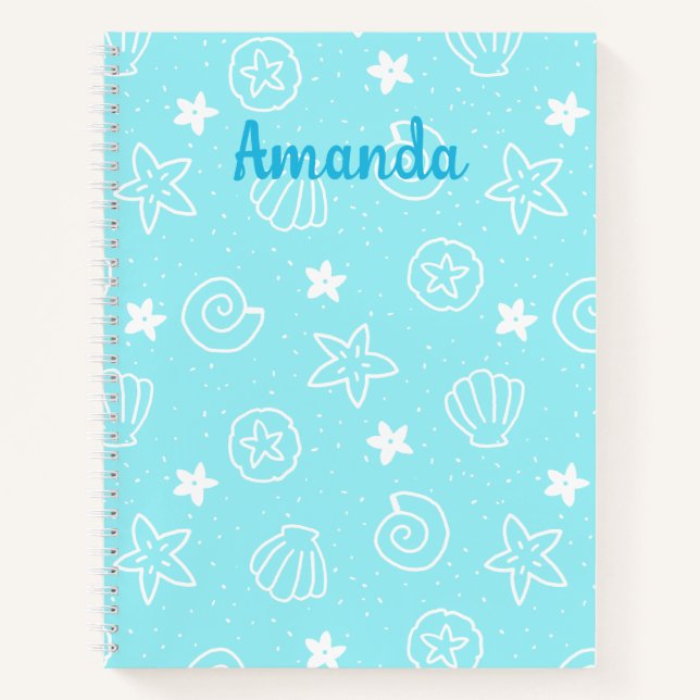Seashells and Starfish Light Blue Pattern Notizbuch (Vorderseite)