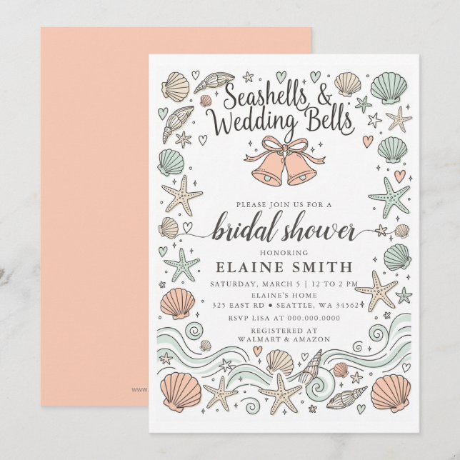 Seashells and Wedding Bells Beach Bridal Shower Einladung (Vorne/Hinten)