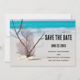 Seashells auf einer Hochzeit am Sandy Beach Foto Save The Date