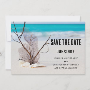 Seashells auf einer Hochzeit am Sandy Beach Foto Save The Date
