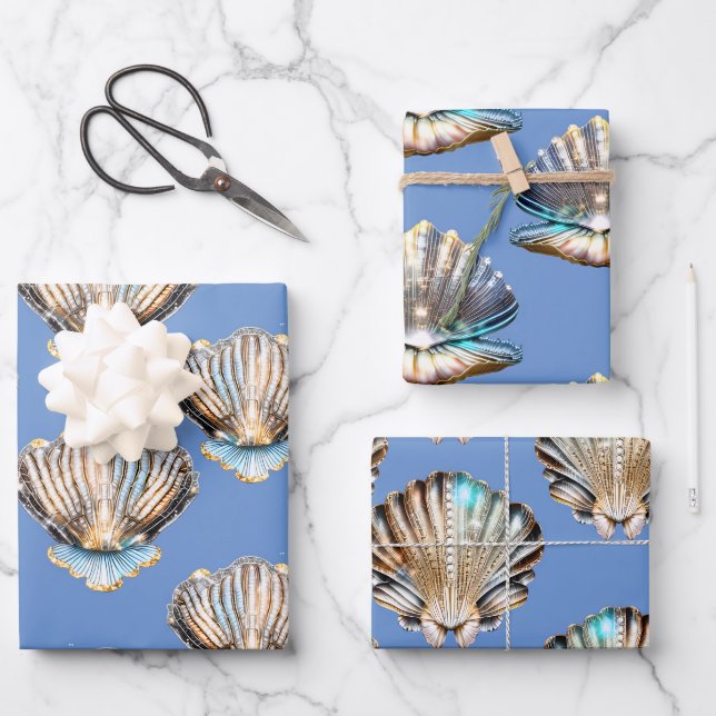 Seashells Austernperle silberglänzendes Strandmust Geschenkpapier Set (Vorderseite)