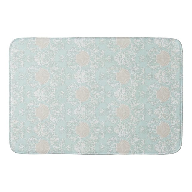 Seashells Beach Blue White Damask Muster Badematte (Vorderseite)