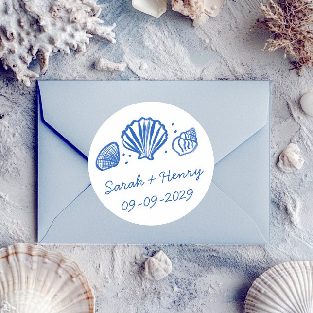 Seashells Beach Wedding Blue White CUSTOM  Runder Aufkleber (Seashells Beach Wedding Blue White CUSTOM Classic Round Sticker
)