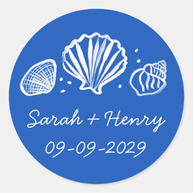 Seashells Beach Wedding Blue White CUSTOM  Runder Aufkleber (Vorderseite)