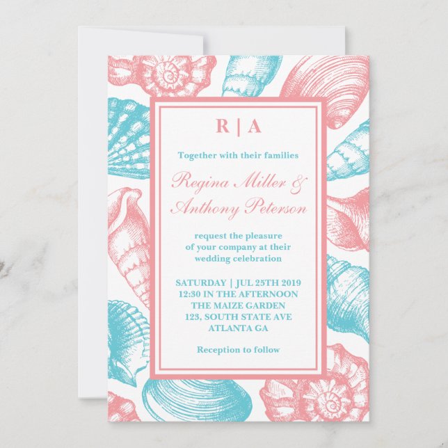 Seashells Beach Wedding Invitation Pink Blue White (Devant)