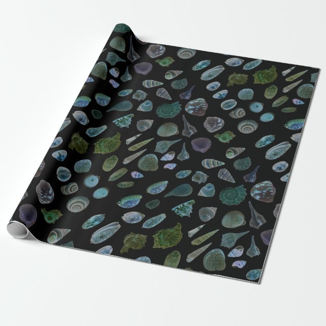 Seashells Black Glossy Matt Wrapping Paper Geschenkpapier (Ungerollt)