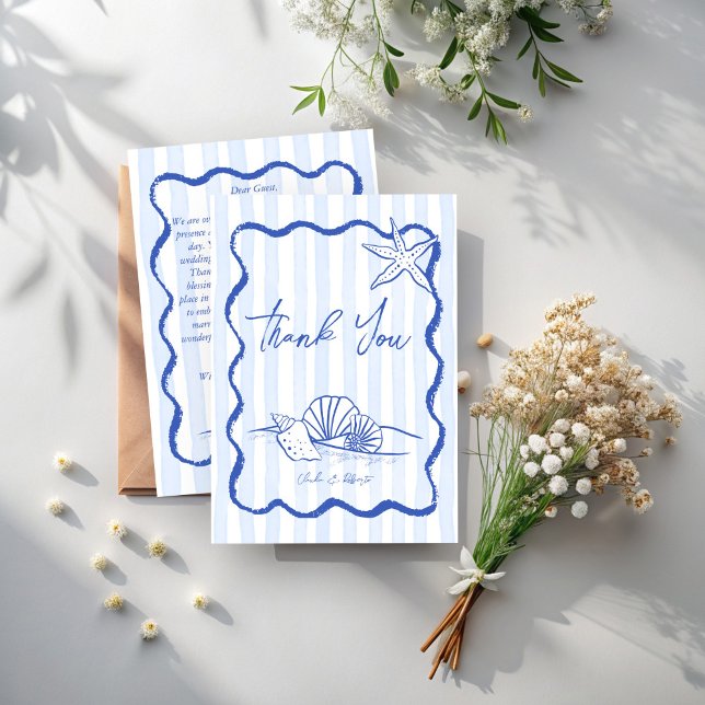 Seashells blaue Grenzhochzeit Dankeskarte (Seashells handrawn sketch blue wavy border beach wedding thank you cards)
