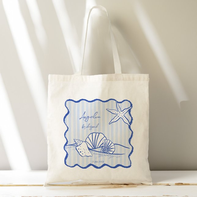 Seashells blaue Strandbriefe an der Grenze Tragetasche (Seashells blue wavy border beach bridesmaids gifts personalized name tote bag bridal party favors)