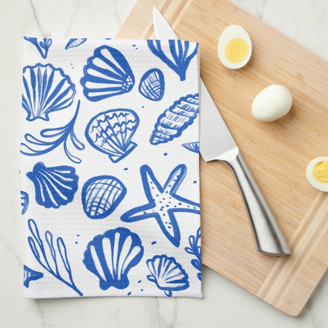 Seashells Blue & White Pattern Beach Muscheln Chic Geschirrtuch (Viertel Falte)