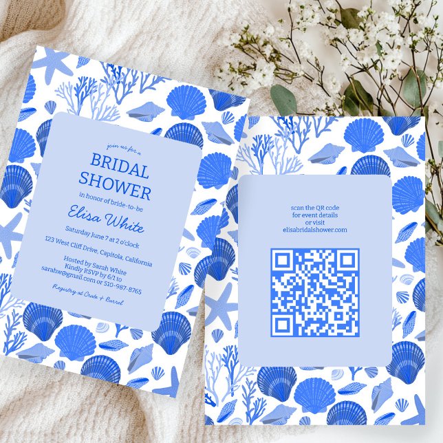 Seashells Brautparty Chic Blue Beach CUSTOM QR Einladung (Seashells Bridal Shower Chic Blue Beach CUSTOM QR Invitation
)