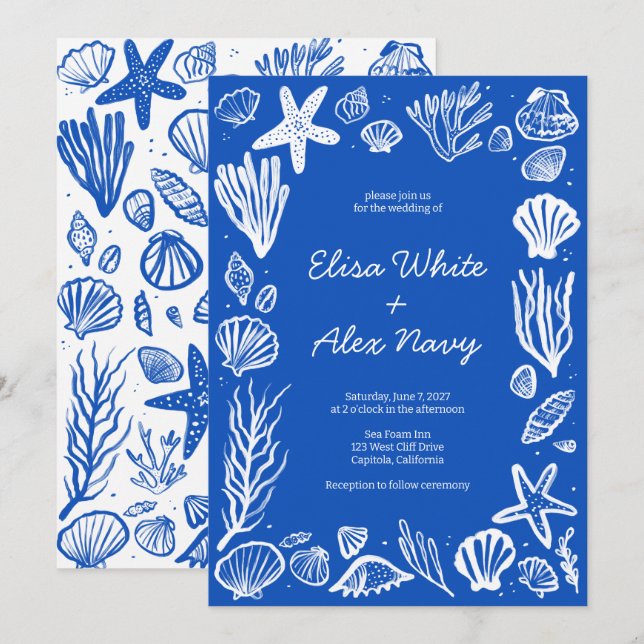 Seashells Frame Beach Wedding Blue CUSTOM Einladung (Vorne/Hinten)