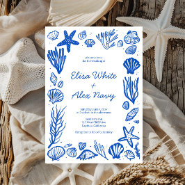 Seashells Frame Beach Wedding Blue CUSTOM Einladung