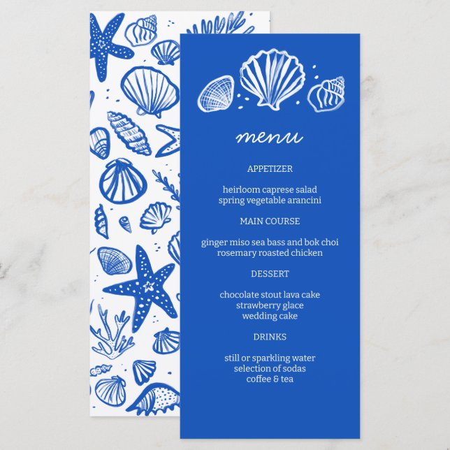 Seashells Frame Beach Wedding CUSTOM Party Menükarte (Vorne/Hinten)
