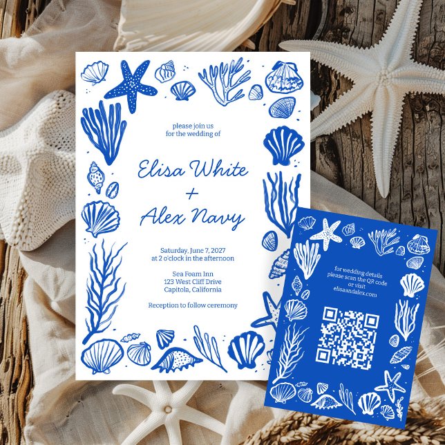 Seashells Frame Beach Wedding CUSTOM QR Code Begleitkarte (Seashells Frame Beach Wedding CUSTOM QR Code Enclosure Card
)
