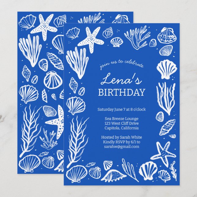 Seashells Frame Birthday Party Blue Beach CUSTOM Einladung (Vorne/Hinten)