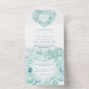 Seashells Herz Aquarellstrand Hochzeit Aqua All In One Einladung