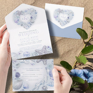 Seashells Herz Aquarellstrand Hochzeit blau All In One Einladung