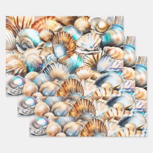 Seashells kollackieren schimmerndes Strandmuster Geschenkpapier Set