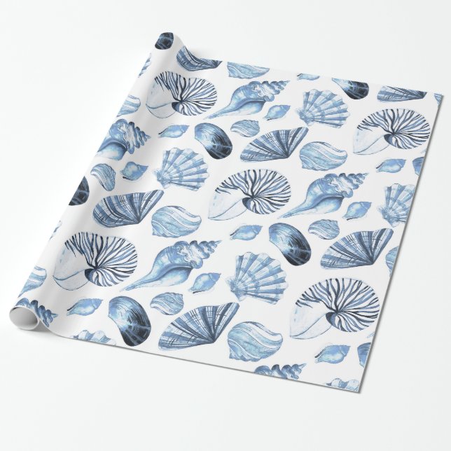 Seashells-nahtloses Muster im Blau Geschenkpapier (Ungerollt)