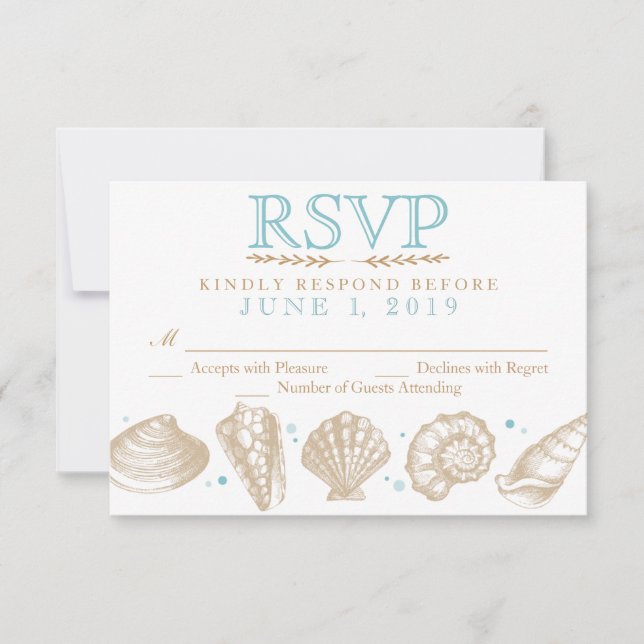 Seashells Nautical Beach Wedding UAWG Tan/Aqua RSVP Karte (Vorderseite)