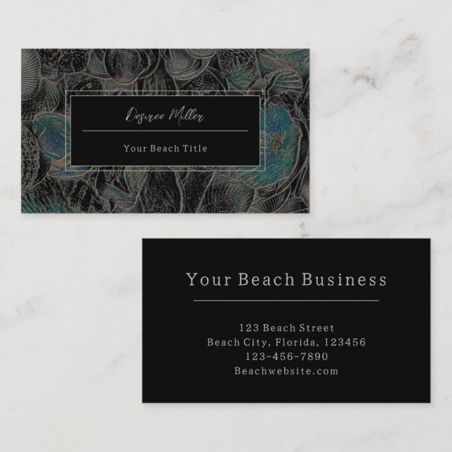 Seashells Ocean Beach Aquamarin Black Modern Visitenkarte (Vorne/Hinten)
