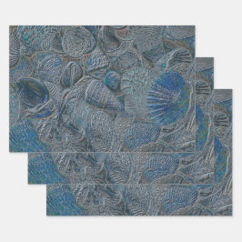 Seashells Ocean Beach Blue Metallic Decoupage Geschenkpapier Set
