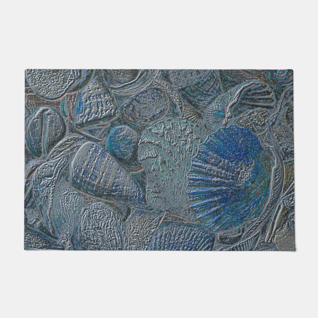 Seashells Ocean Beach Blue Nautical Metallic Fußmatte (Vorderseite)